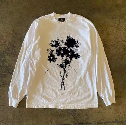 Monotone Flower Bouquet Graphic Long Sleeve T-Shirt