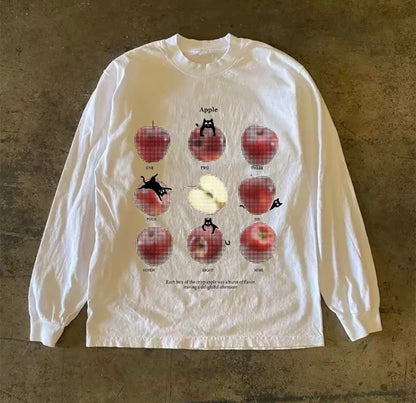 Cat Apple Graphic Loose Long Sleeve T-Shirt