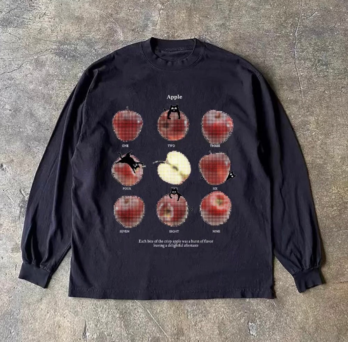 Cat Apple Graphic Loose Long Sleeve T-Shirt