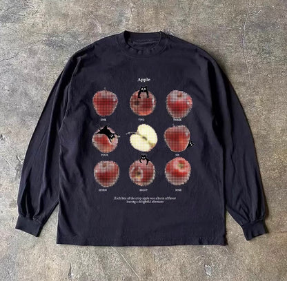 Cat Apple Graphic Loose Long Sleeve T-Shirt
