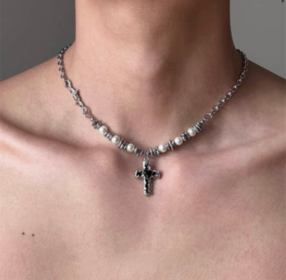 Cross Grunge Beads Necklace