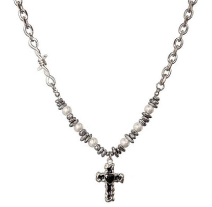Cross Grunge Beads Necklace