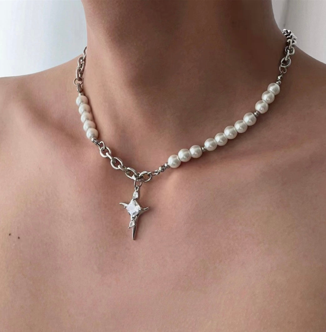 Asymmetry Pearl Cross Necklace