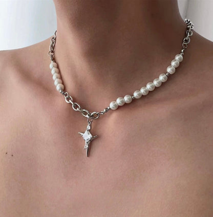 Asymmetry Pearl Cross Necklace