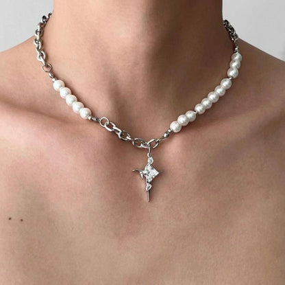Asymmetry Pearl Cross Necklace