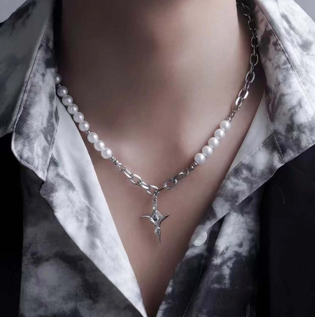Asymmetry Pearl Cross Necklace