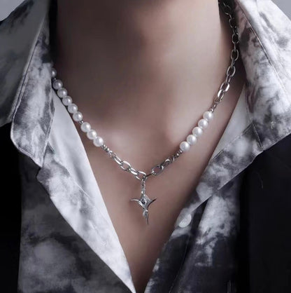 Asymmetry Pearl Cross Necklace