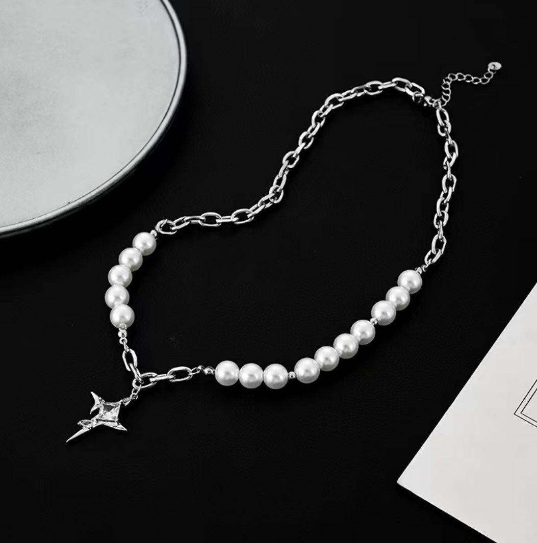 Asymmetry Pearl Cross Necklace