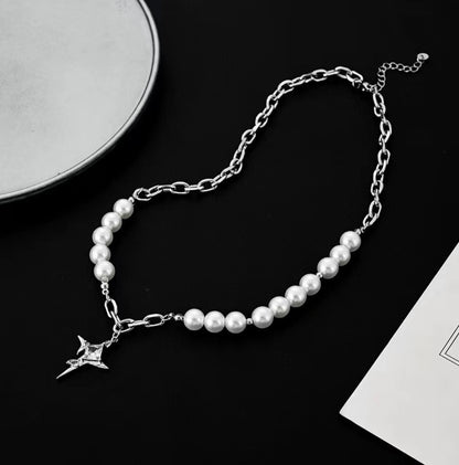 Asymmetry Pearl Cross Necklace