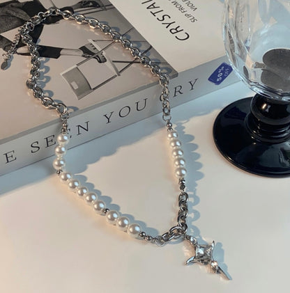 Asymmetry Pearl Cross Necklace