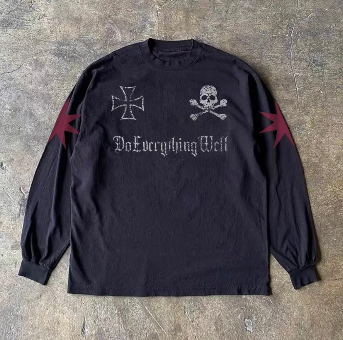 Skull Iron Cross Numbering Long Sleeve T-Shirt