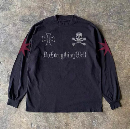 Skull Iron Cross Numbering Long Sleeve T-Shirt