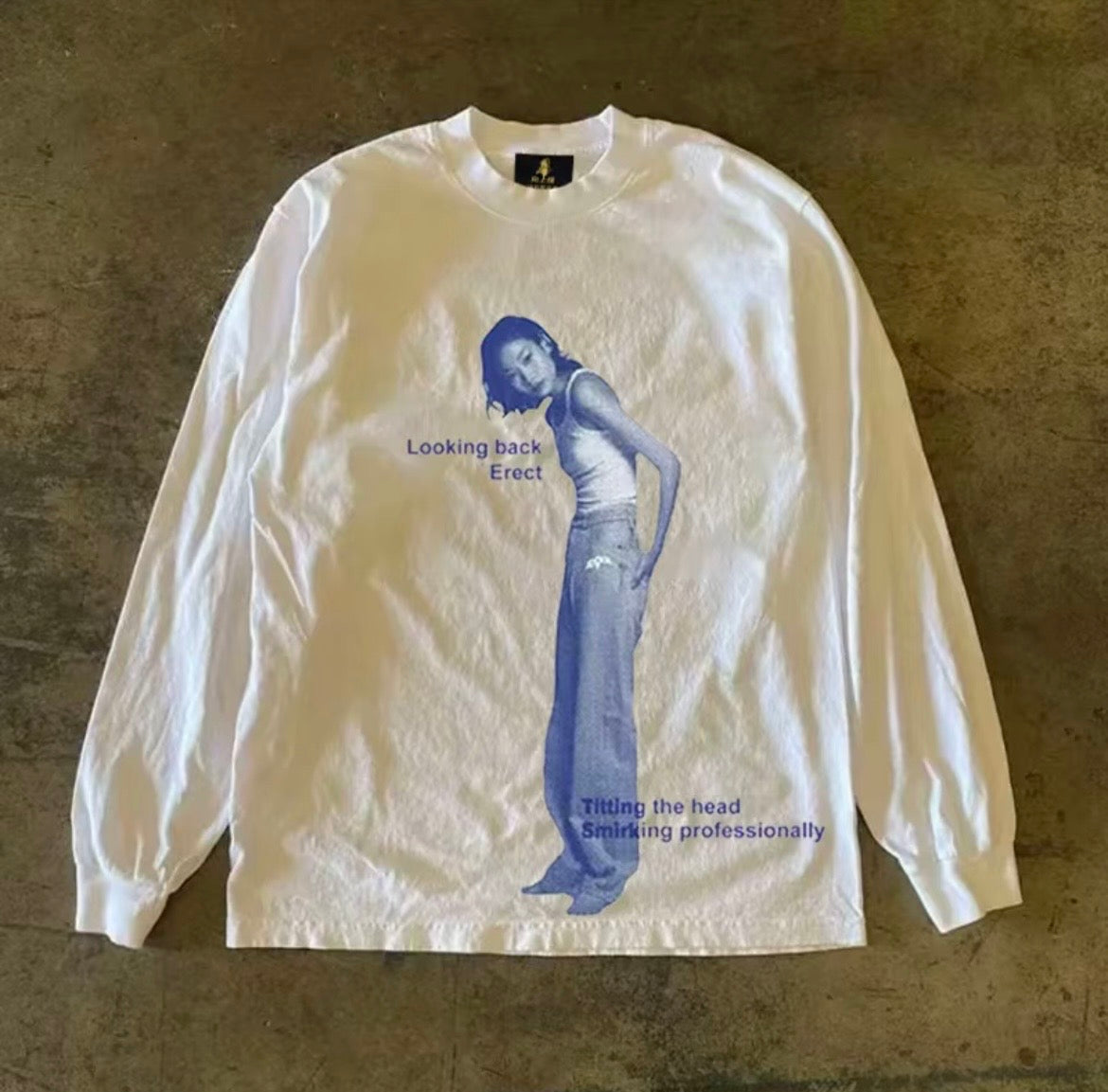 Blue Photo Graphic Lettering Long Sleeve T-Shirt