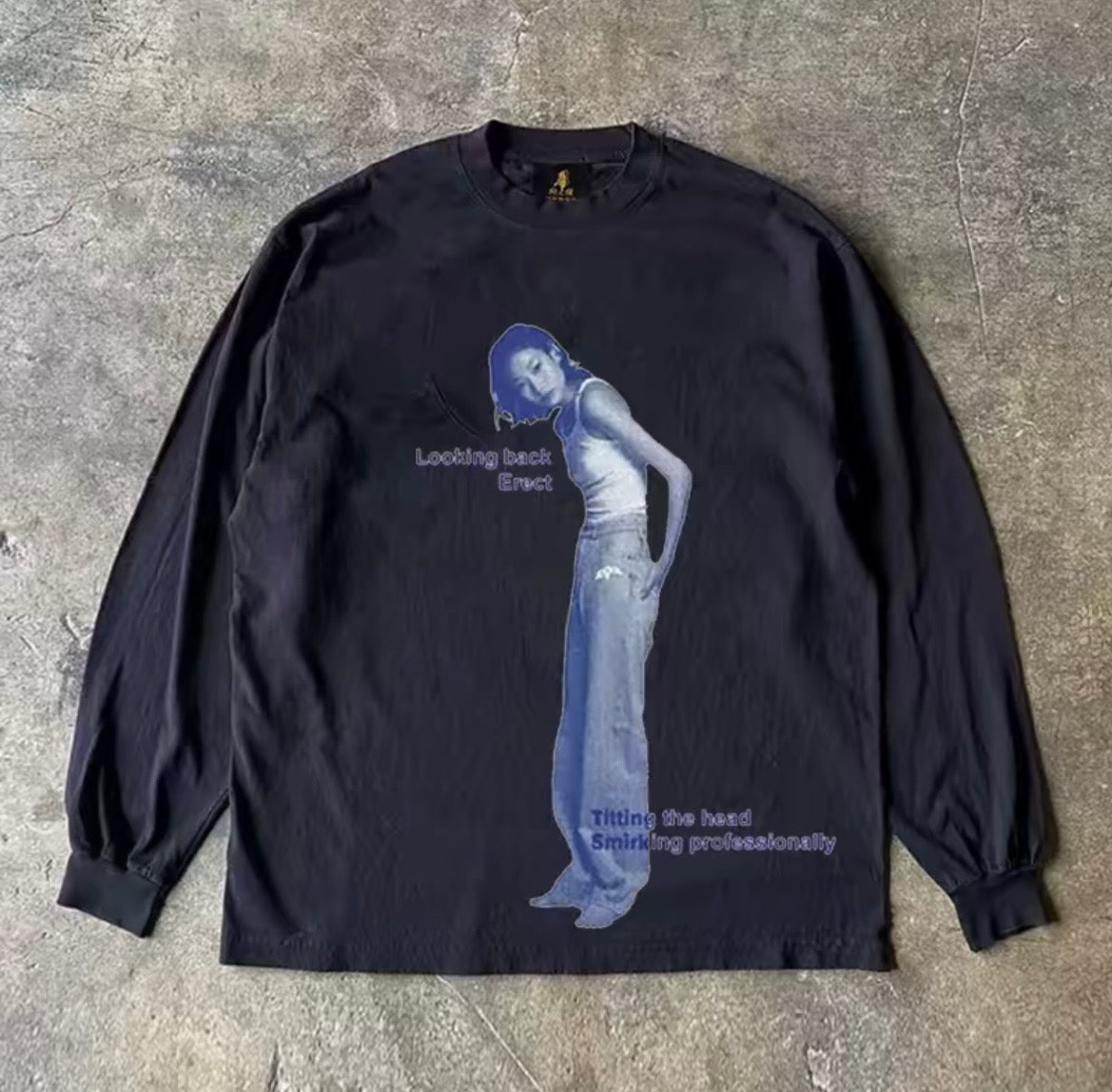 Blue Photo Graphic Lettering Long Sleeve T-Shirt