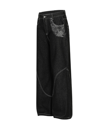 Dark Wash Curved Wide Denim Pants