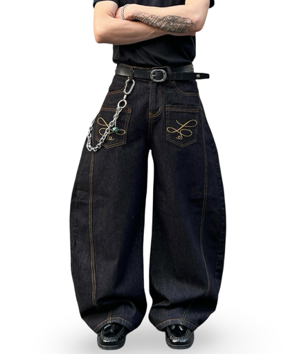 Embroidered Curved Wide Denim Pants