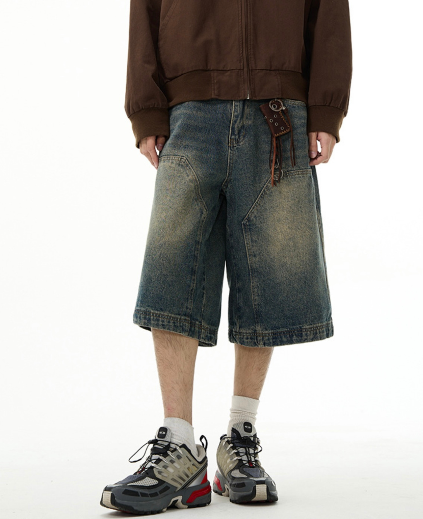 Grunge Stitched Panel Wide Denim Shorts