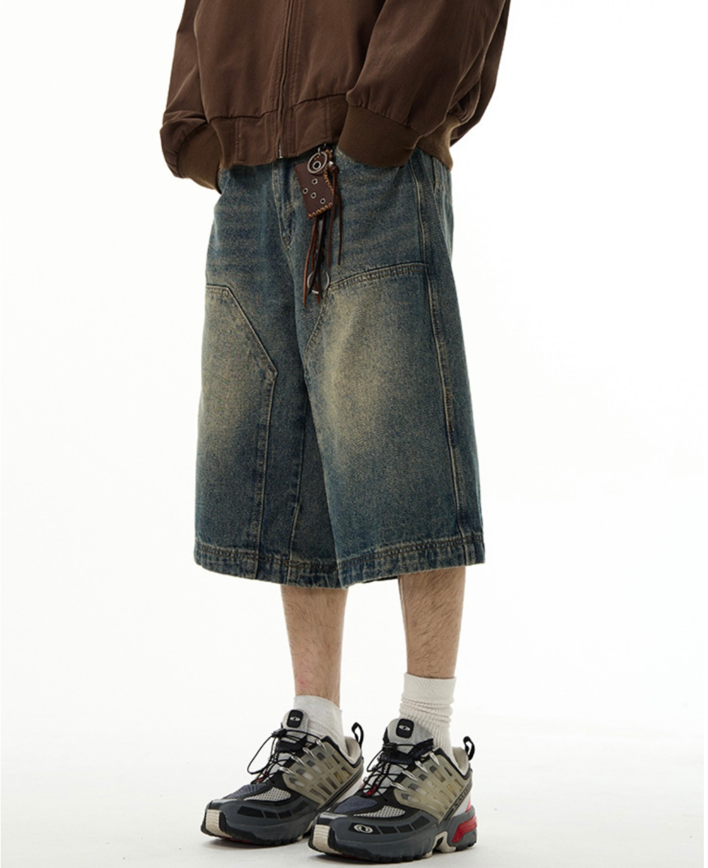 Grunge Stitched Panel Wide Denim Shorts