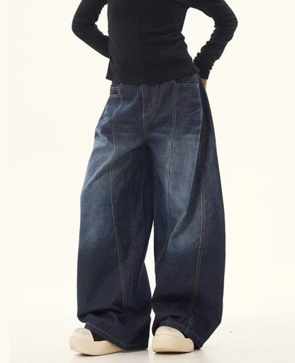 Indigo Washed Curved Wide Denim Pants