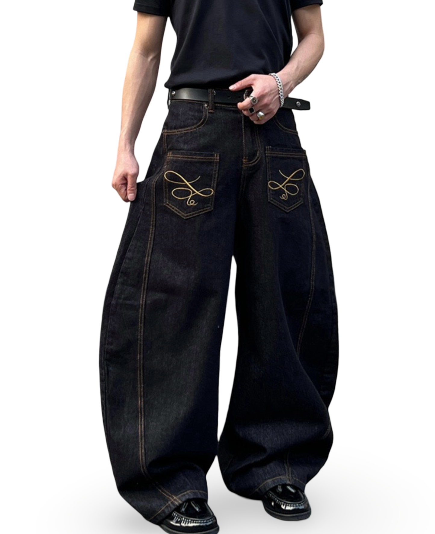 Embroidered Curved Wide Denim Pants