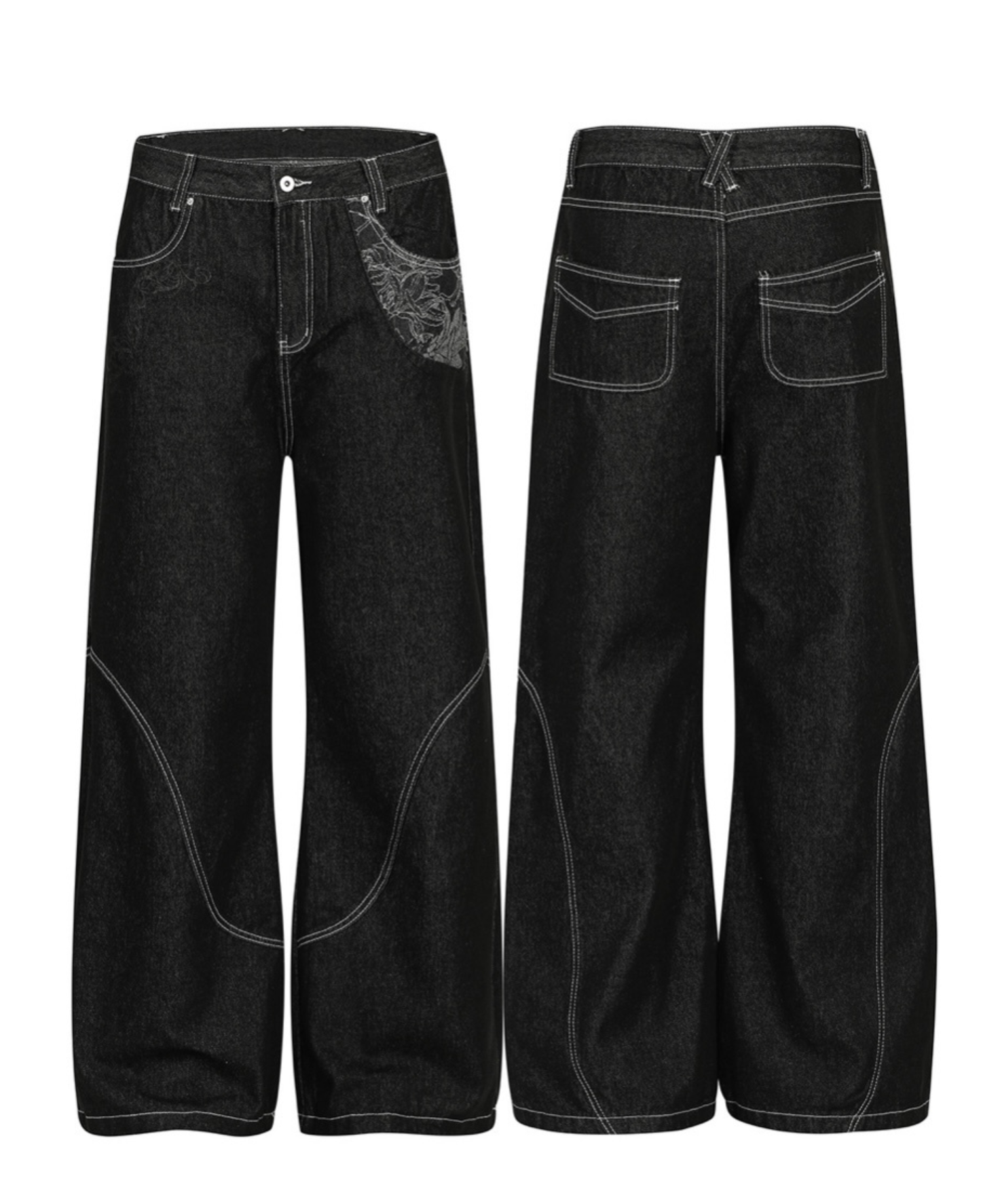 Dark Wash Curved Wide Denim Pants