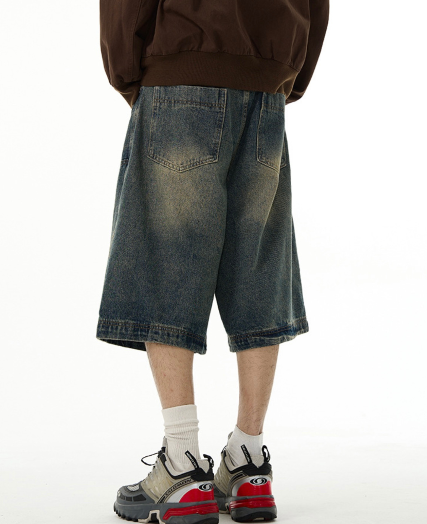 Grunge Stitched Panel Wide Denim Shorts
