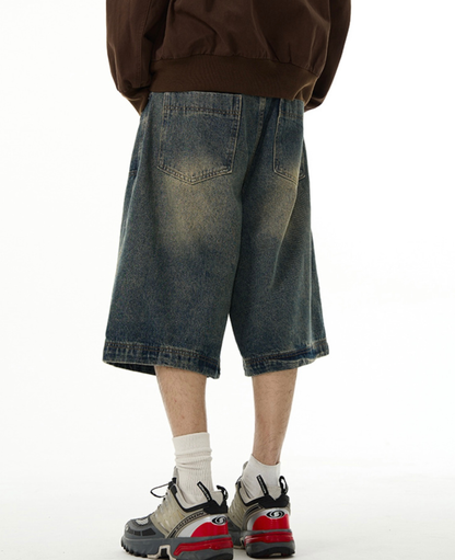 Grunge Stitched Panel Wide Denim Shorts