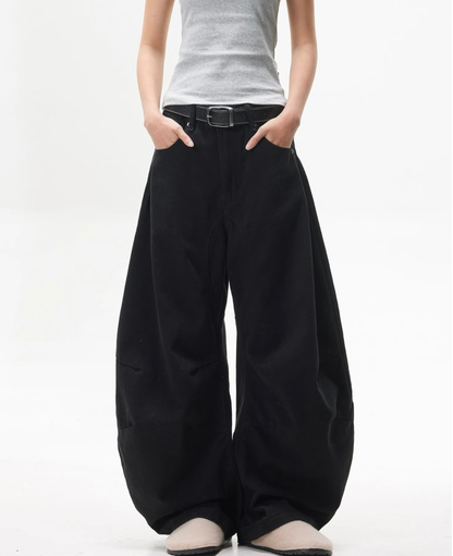 Volume Panel Curved Barrel Wide Denim Pants