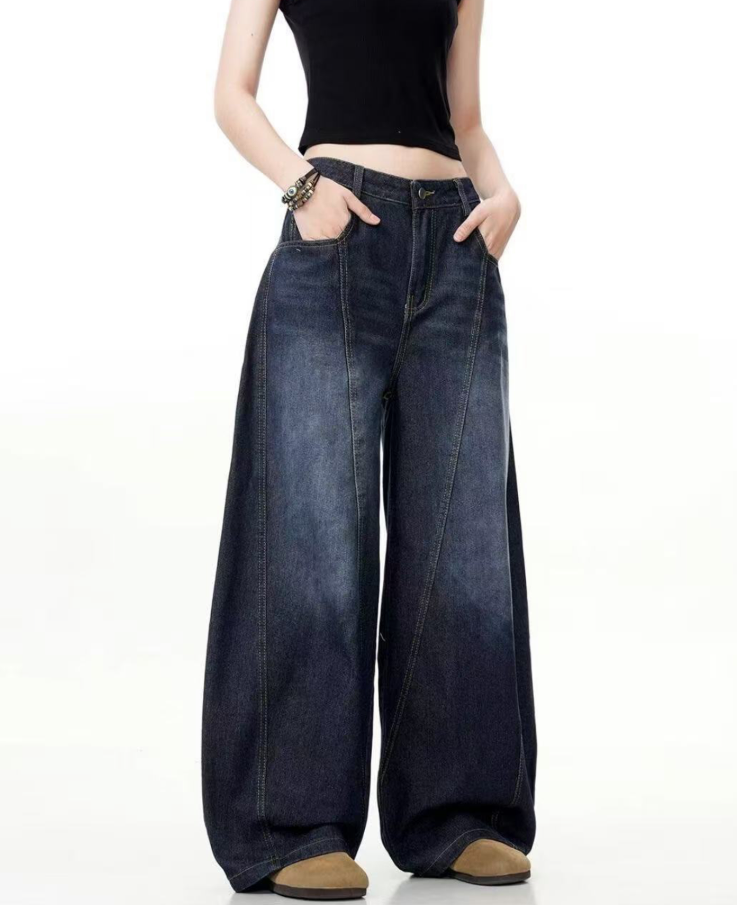 Indigo Washed Curved Wide Denim Pants