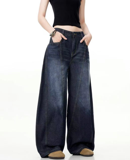 Indigo Washed Curved Wide Denim Pants