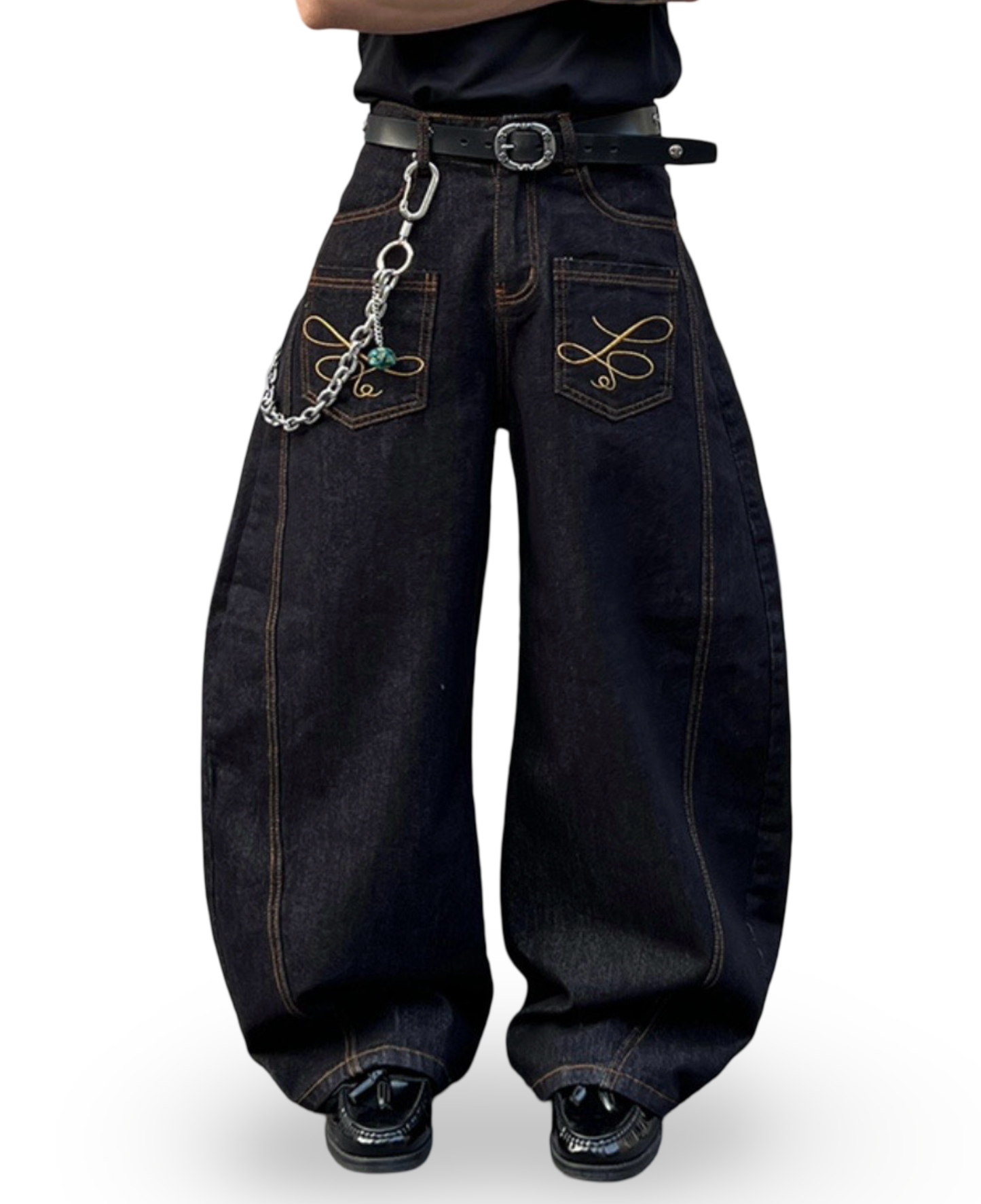 Embroidered Curved Wide Denim Pants