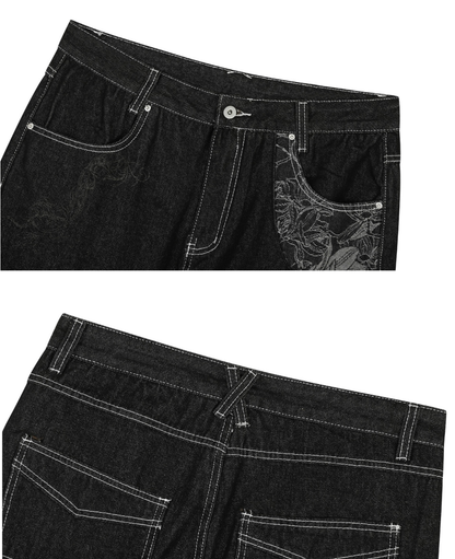 Dark Wash Curved Wide Denim Pants