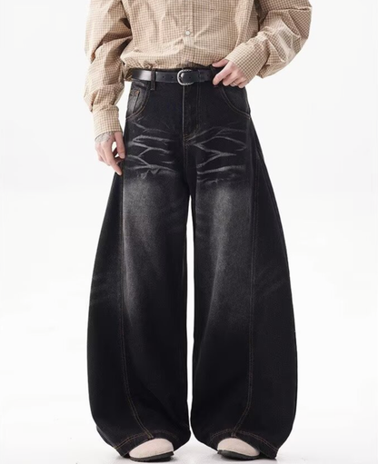 Vintage Washed Curved Wide Denim Pants