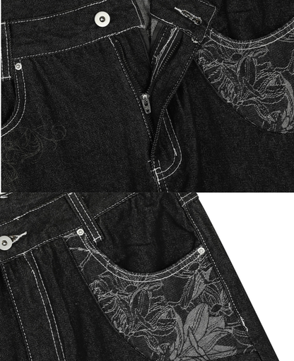 Dark Wash Curved Wide Denim Pants