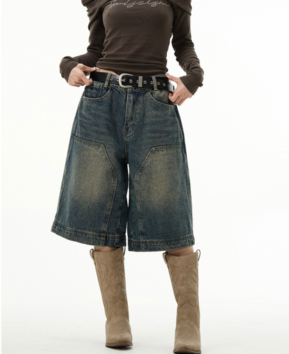 Grunge Stitched Panel Wide Denim Shorts