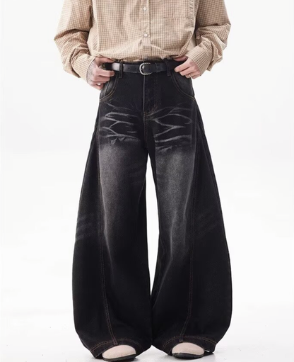 Vintage Washed Curved Wide Denim Pants