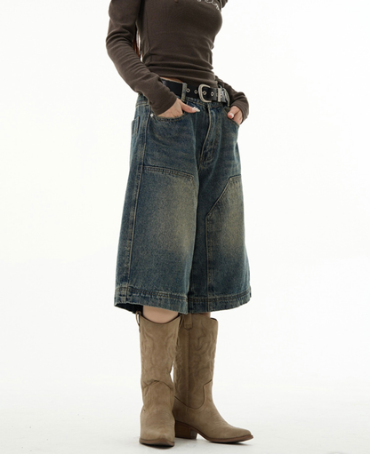 Grunge Stitched Panel Wide Denim Shorts