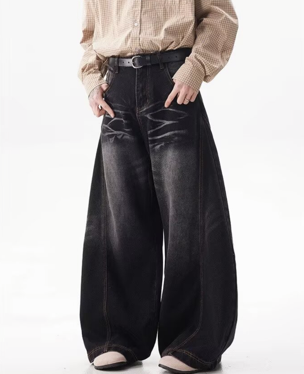 Vintage Washed Curved Wide Denim Pants