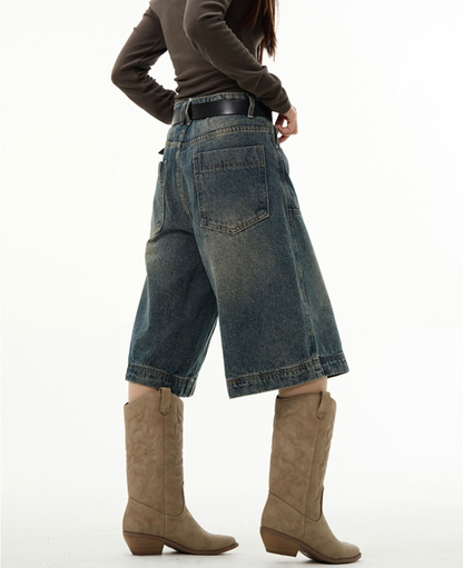 Grunge Stitched Panel Wide Denim Shorts