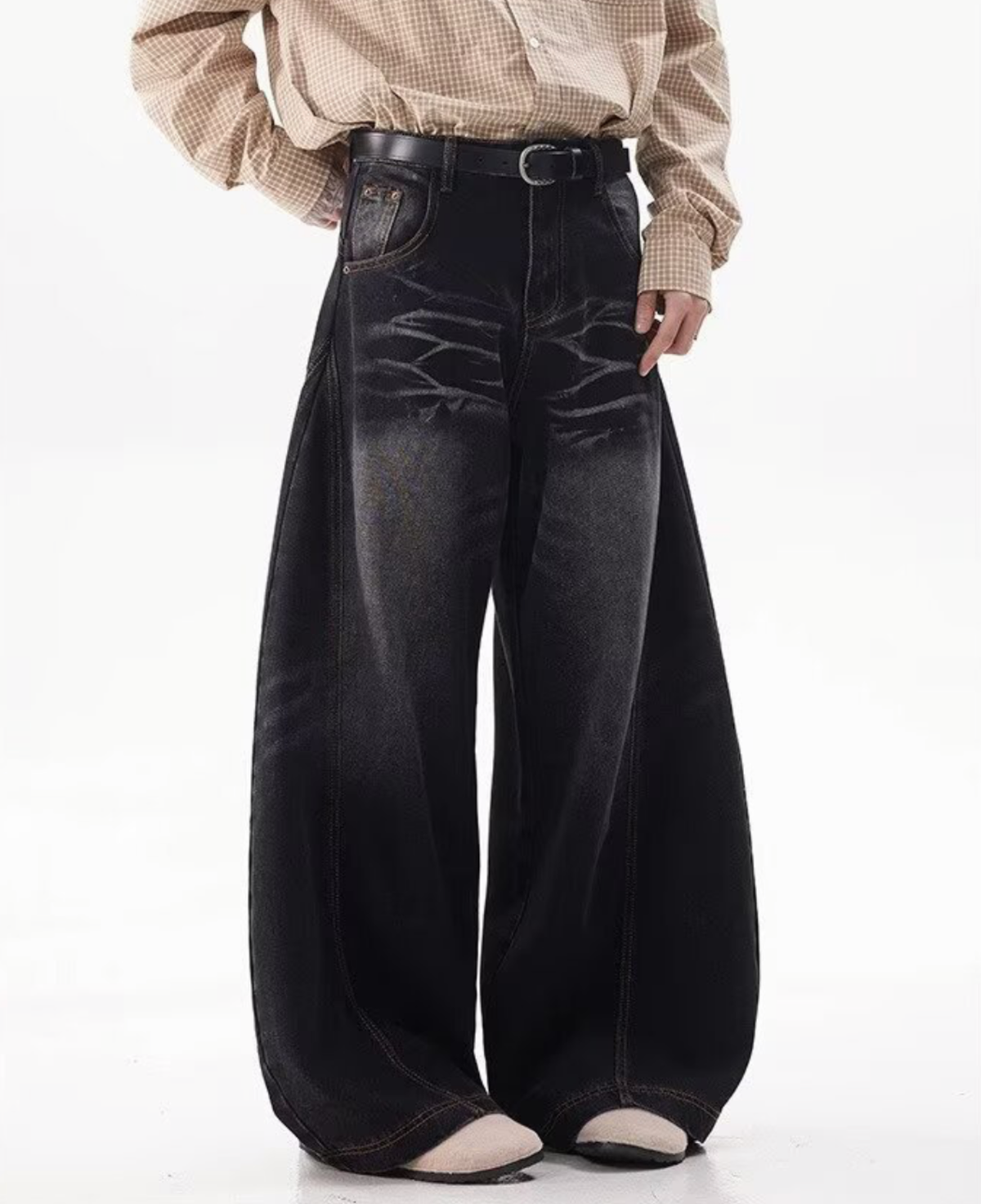 Vintage Washed Curved Wide Denim Pants