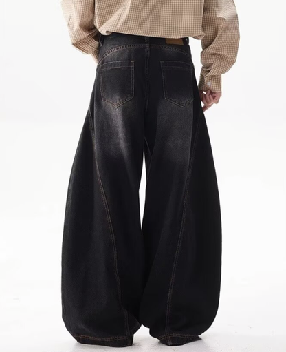 Vintage Washed Curved Wide Denim Pants