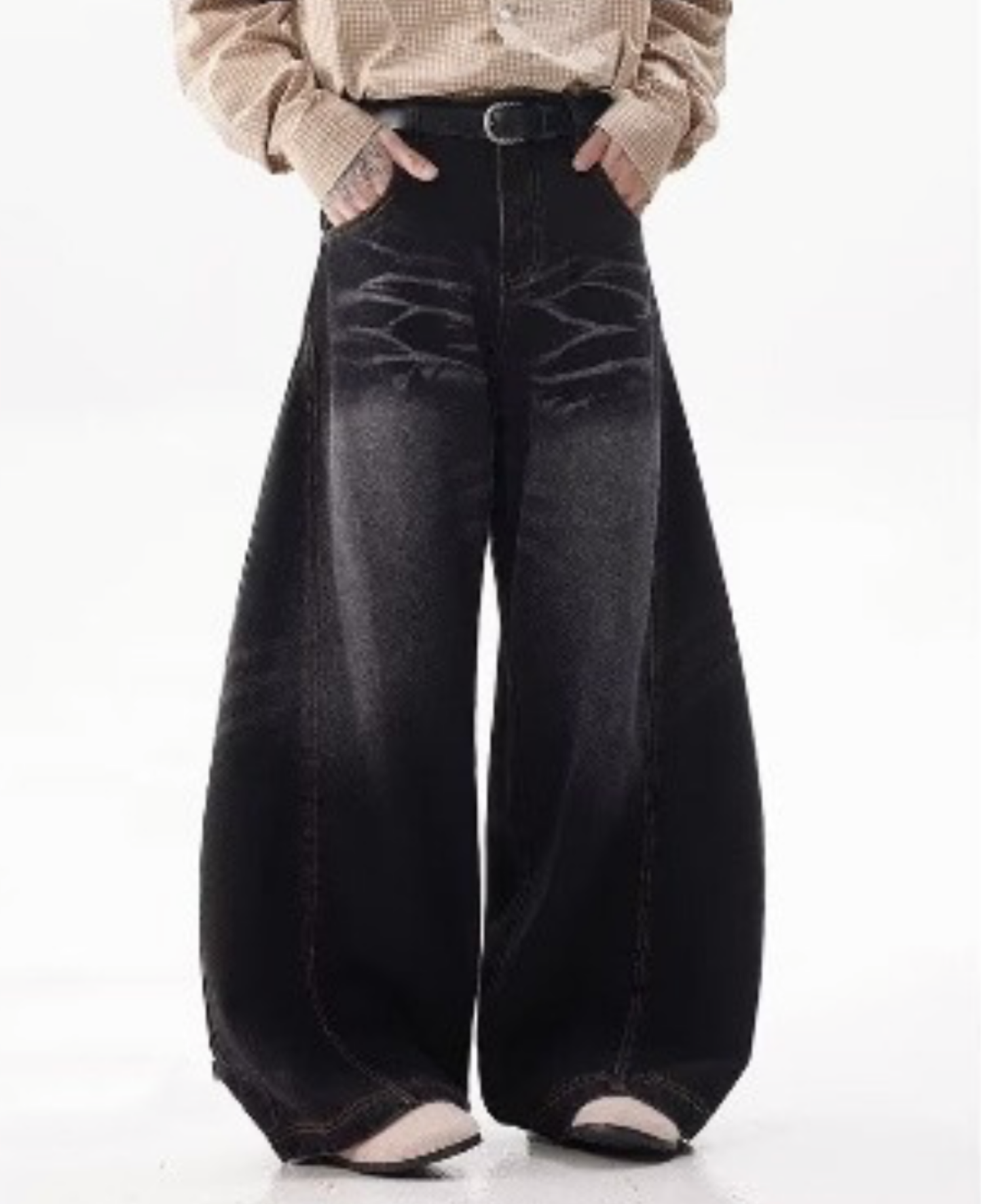 Vintage Washed Curved Wide Denim Pants