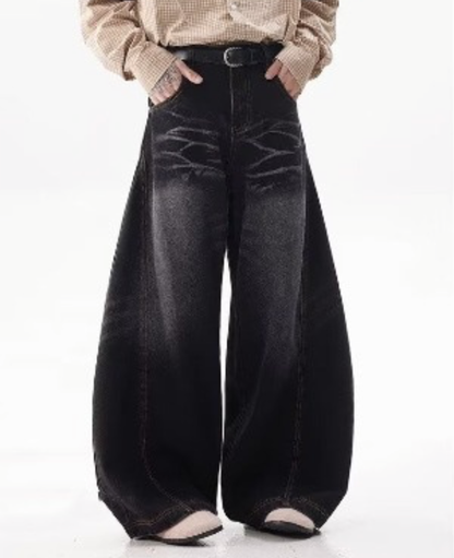 Vintage Washed Curved Wide Denim Pants