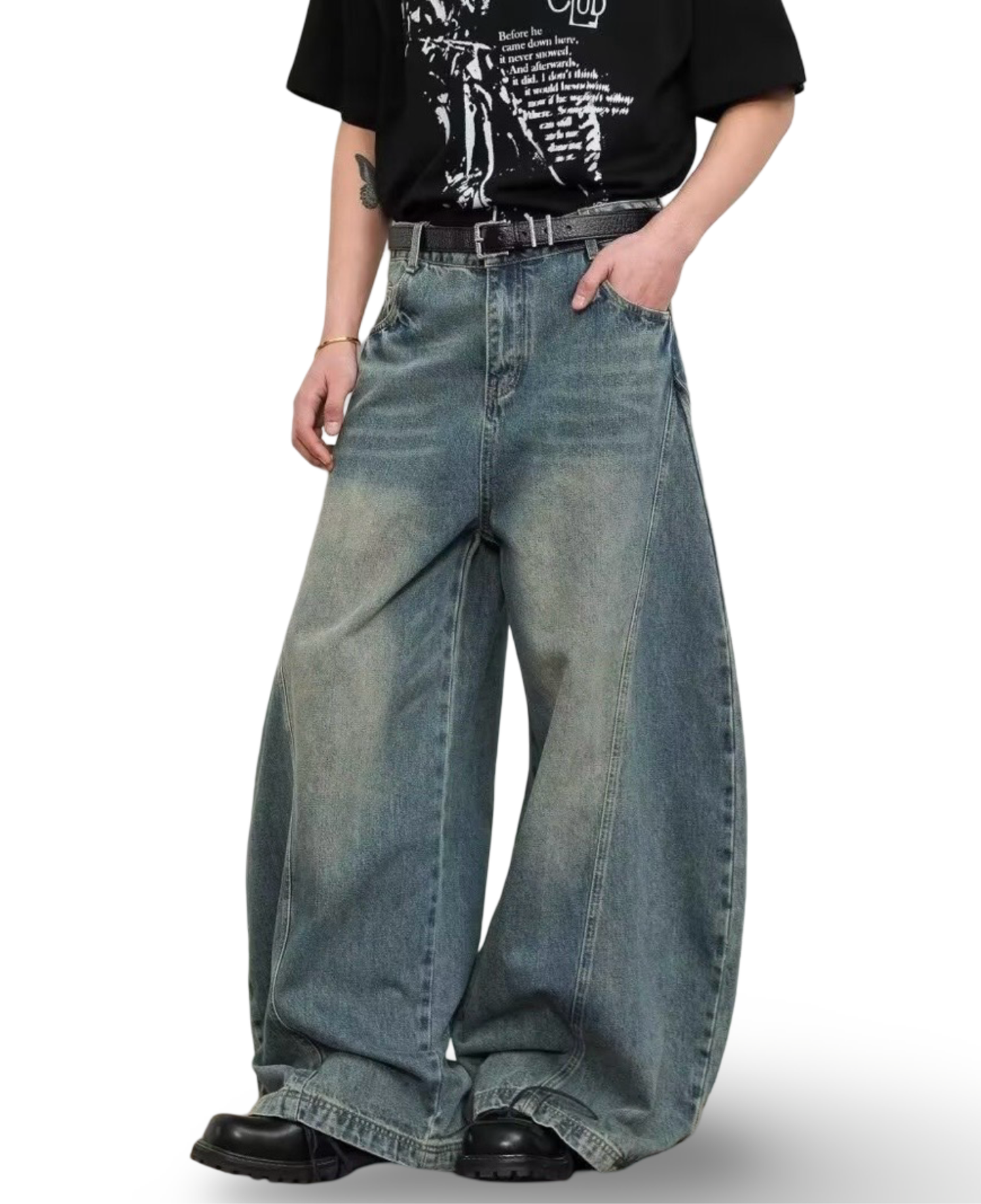 Vintage Dirty Wash Curved Wide Denim Pants