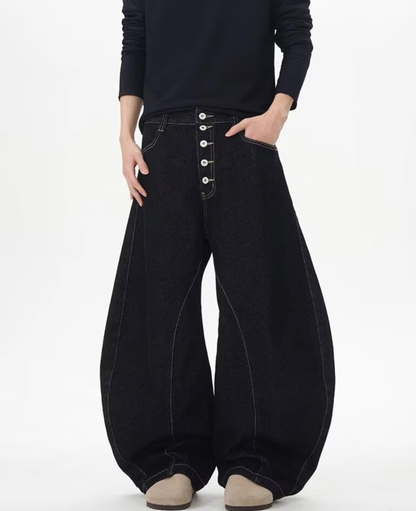 Button Fly Curved Seam Barrel Wide Denim Pants