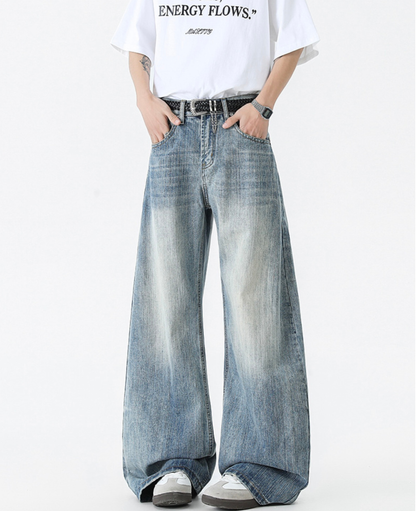 Faded Slub Wide Baggy Denim Pants
