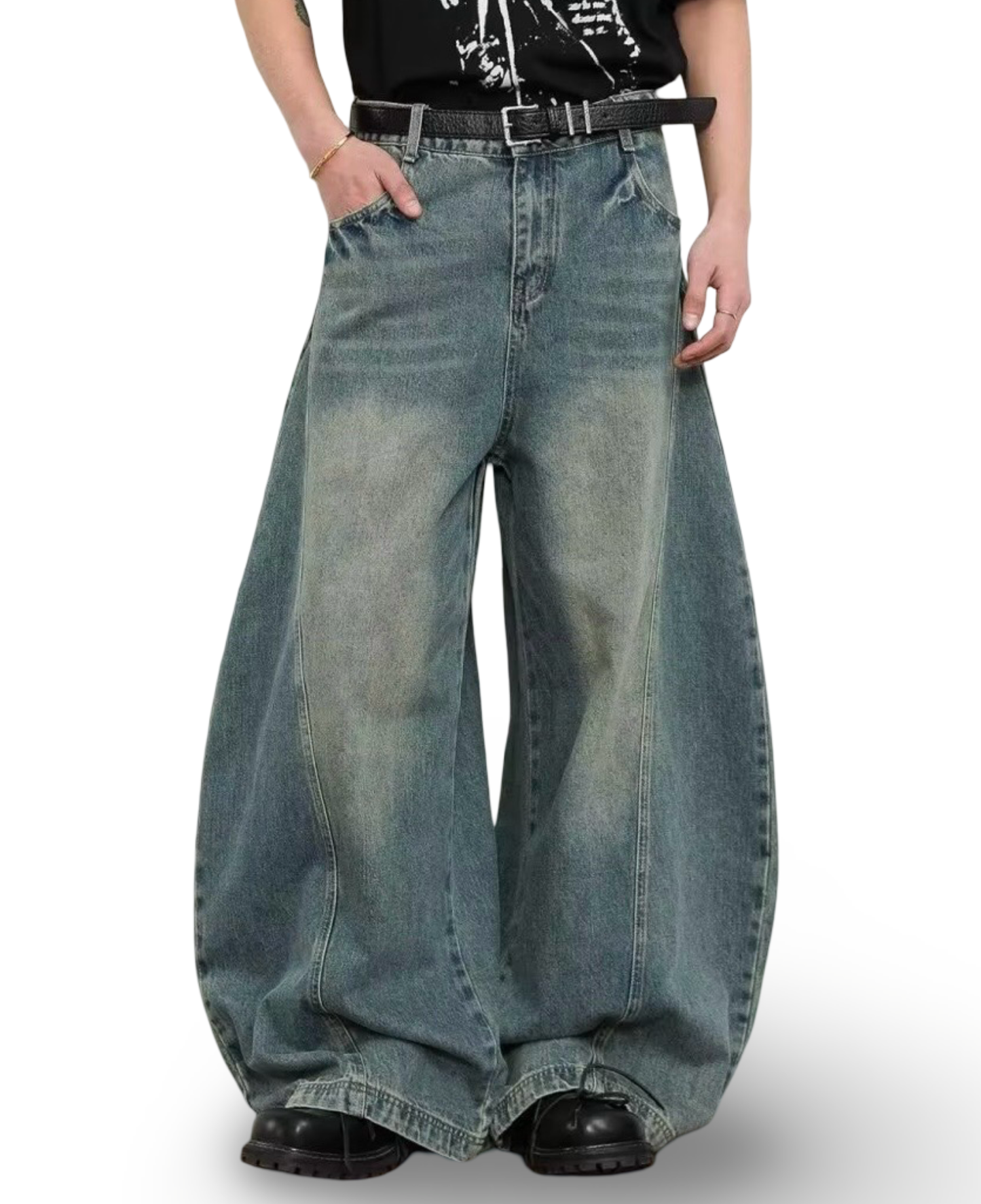 Vintage Dirty Wash Curved Wide Denim Pants