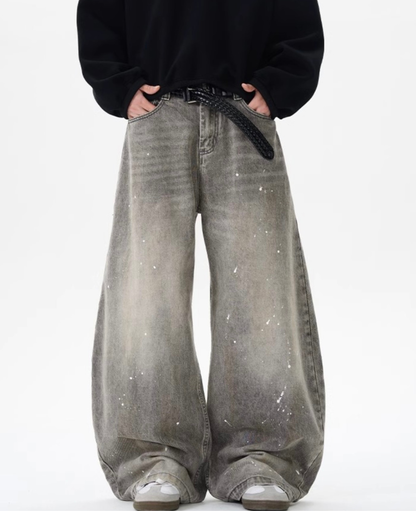 Vintage  Splatter Barrel Wide Denim Pants