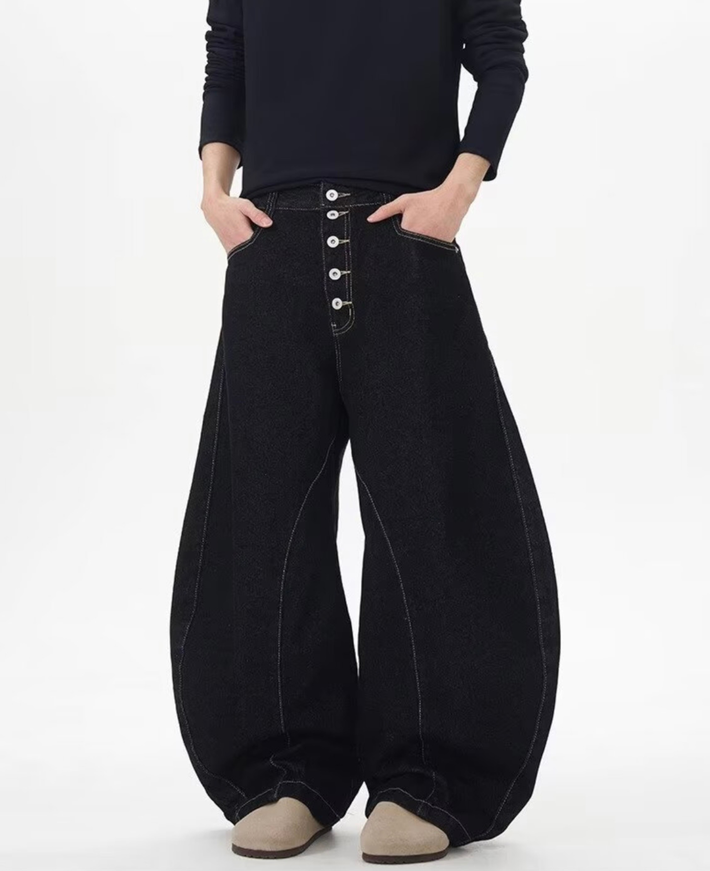 Button Fly Curved Seam Barrel Wide Denim Pants