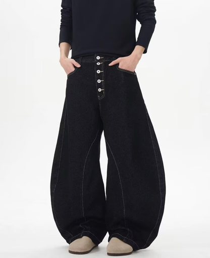 Button Fly Curved Seam Barrel Wide Denim Pants